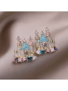 Princess Crown Crystal Stud Earrings Gold Multicolor Royal Castle Statement
